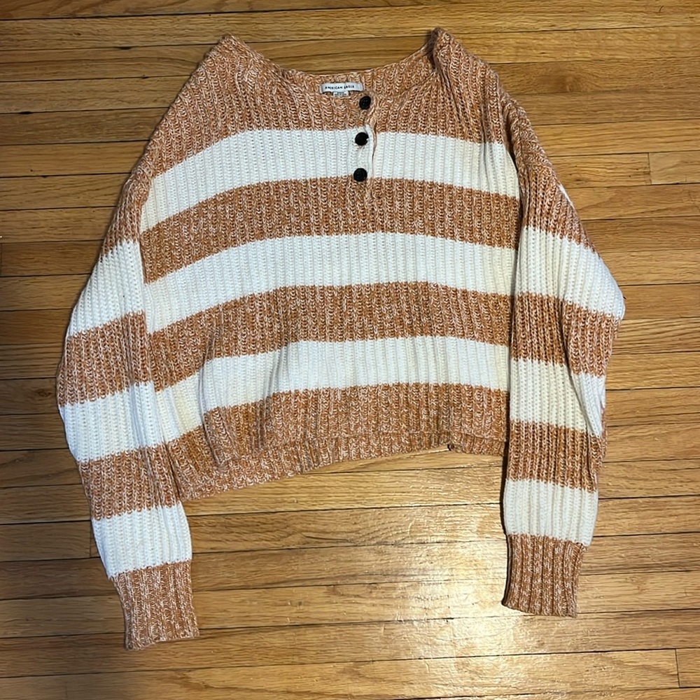 small american eagle white and orange striped sweater with quarter buttons
